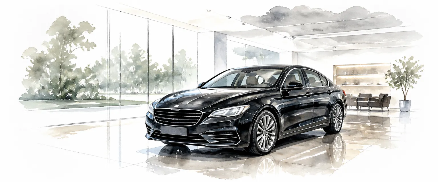 Watercolour illustration of a gleaming black saloon holding mirror reflections on a showroom floor.