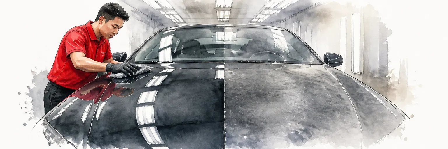 Watercolour illustration of a bonnet half corrected to mirror gloss and half still hazy under workshop lamps.