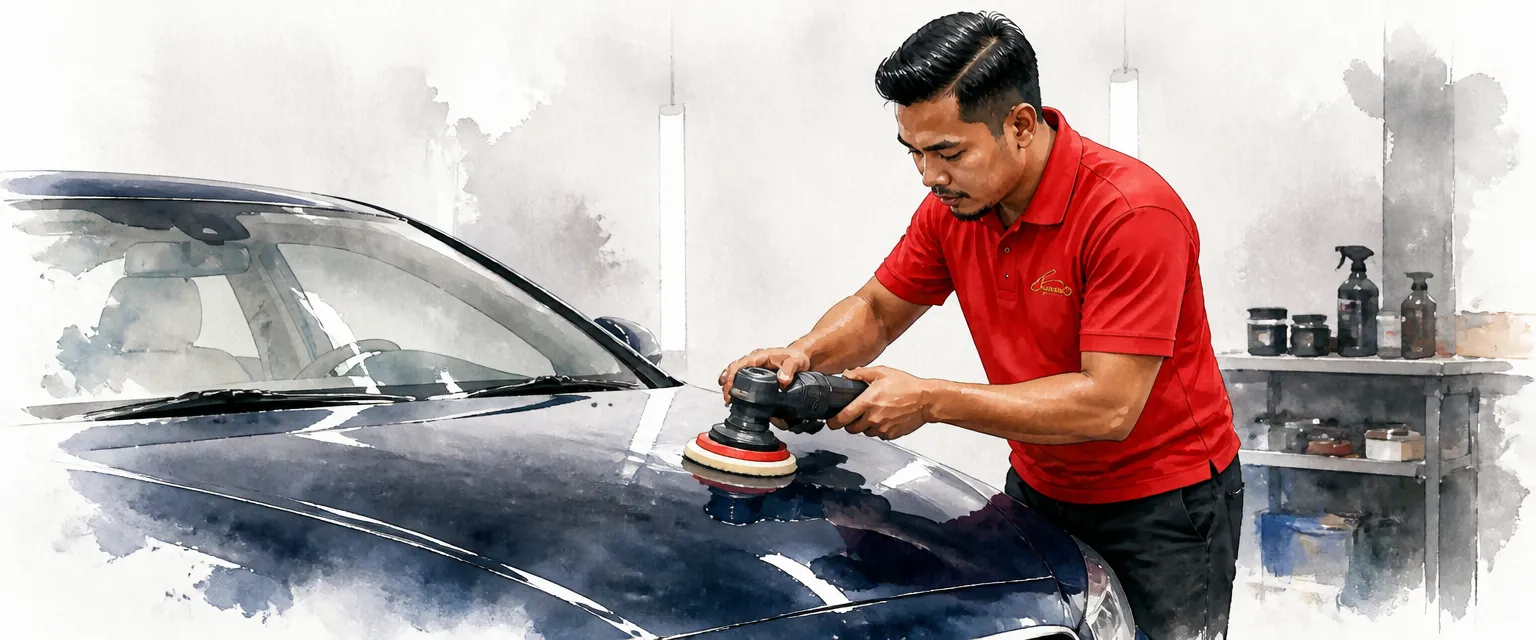 Watercolour illustration of a technician in a red polo running a single polishing pass along a dark blue bonnet.