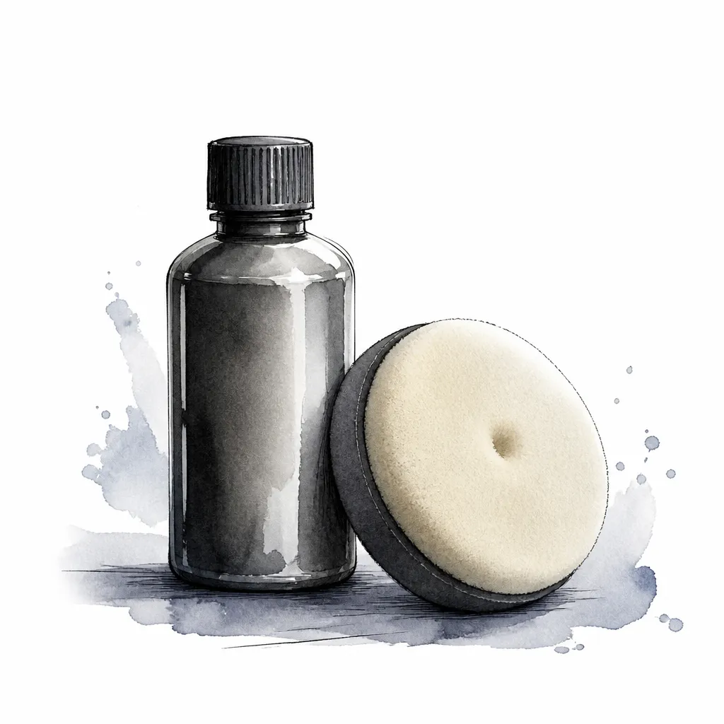 Watercolour illustration of a foam finishing pad beside a bottle of all in one polish.
