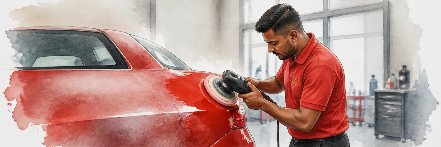 Watercolour illustration of a technician in a red polo buffing a faded red wing back to a shine.