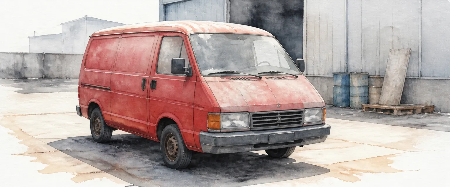 Watercolour illustration of an older red van with chalky faded paint in an industrial yard.