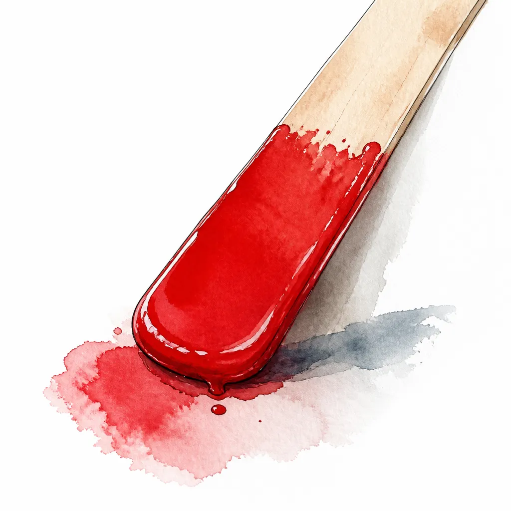 Watercolour illustration of a stir stick coated in glossy solid red paint.