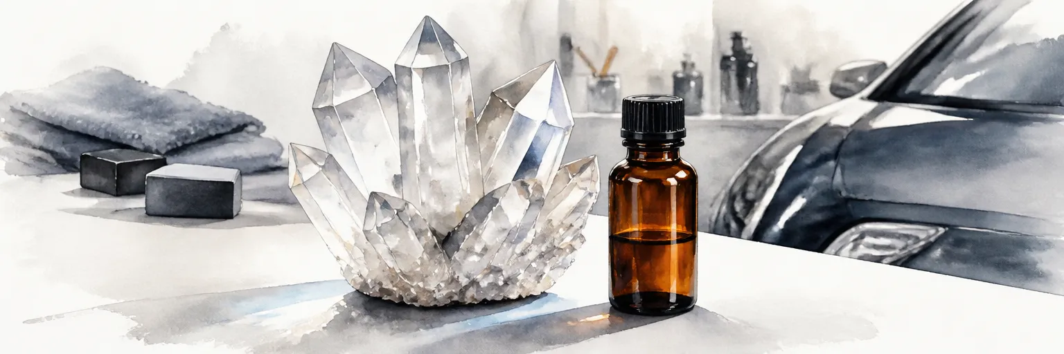 Watercolour illustration of a quartz crystal cluster beside a small bottle of ceramic coating.
