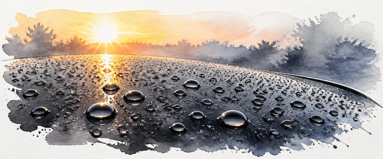 Watercolour close-up of water beading into glassy domes on a coated black bonnet at sunrise.