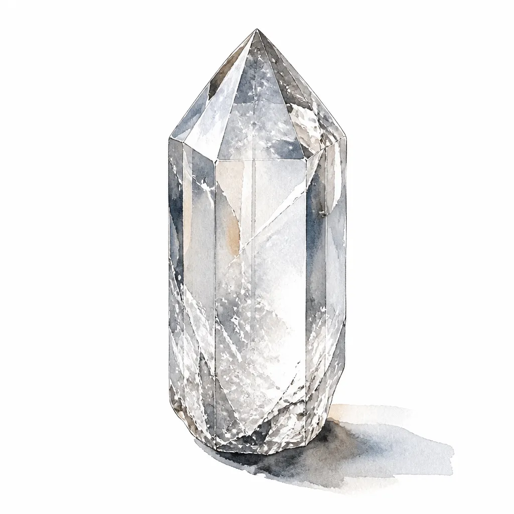 Watercolour illustration of a single clear quartz crystal point.