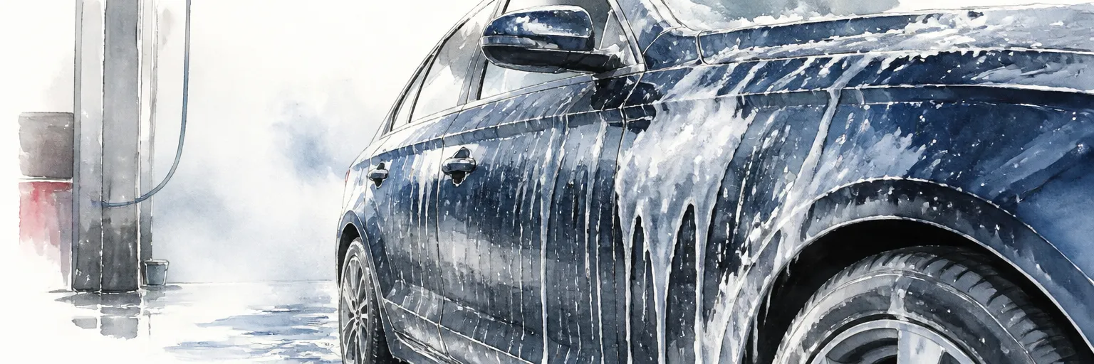 Watercolour close-up of snow foam sliding down a car flank and carrying grime with it.