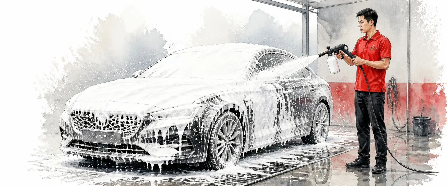 Watercolour illustration of a technician in a red polo covering a dark saloon in thick snow foam.