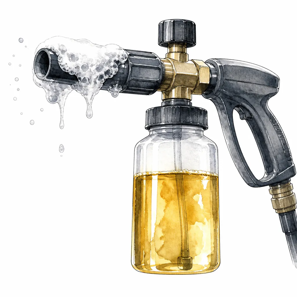 Watercolour illustration of a foam cannon with golden shampoo concentrate in its bottle.