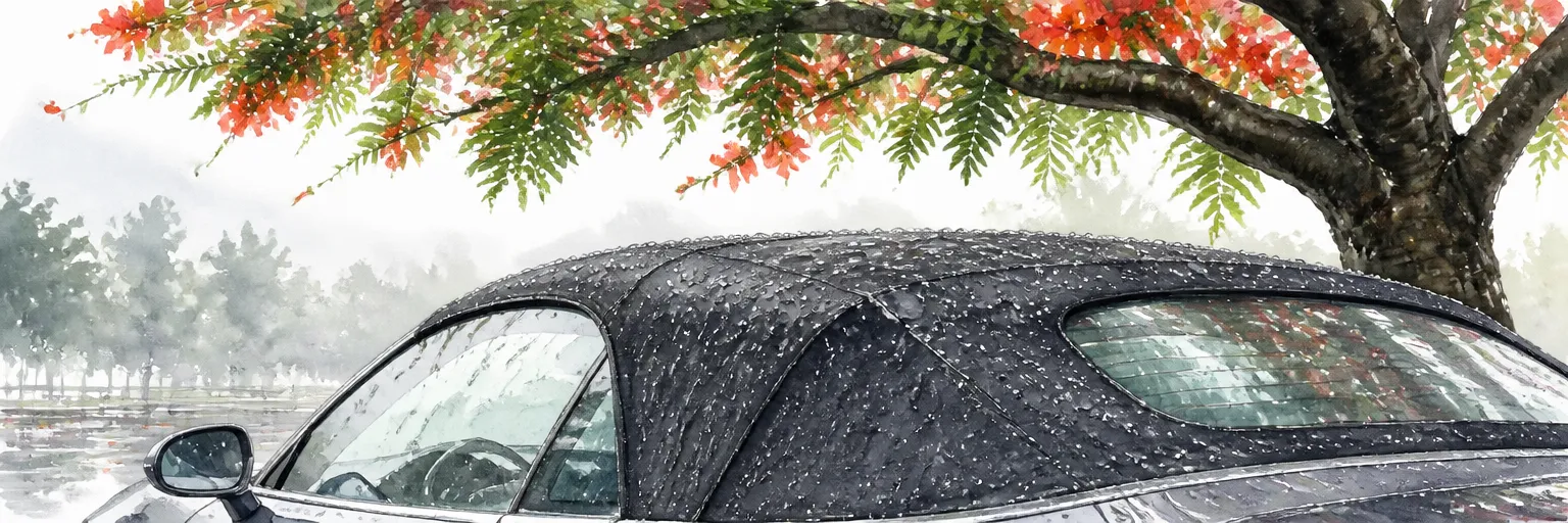Watercolour close-up of rain beading on the reproofed fabric roof of a convertible under a rain tree.