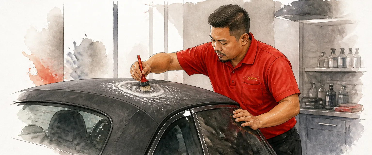 Watercolour illustration of a technician in a red polo gently brushing the fabric roof of a convertible.