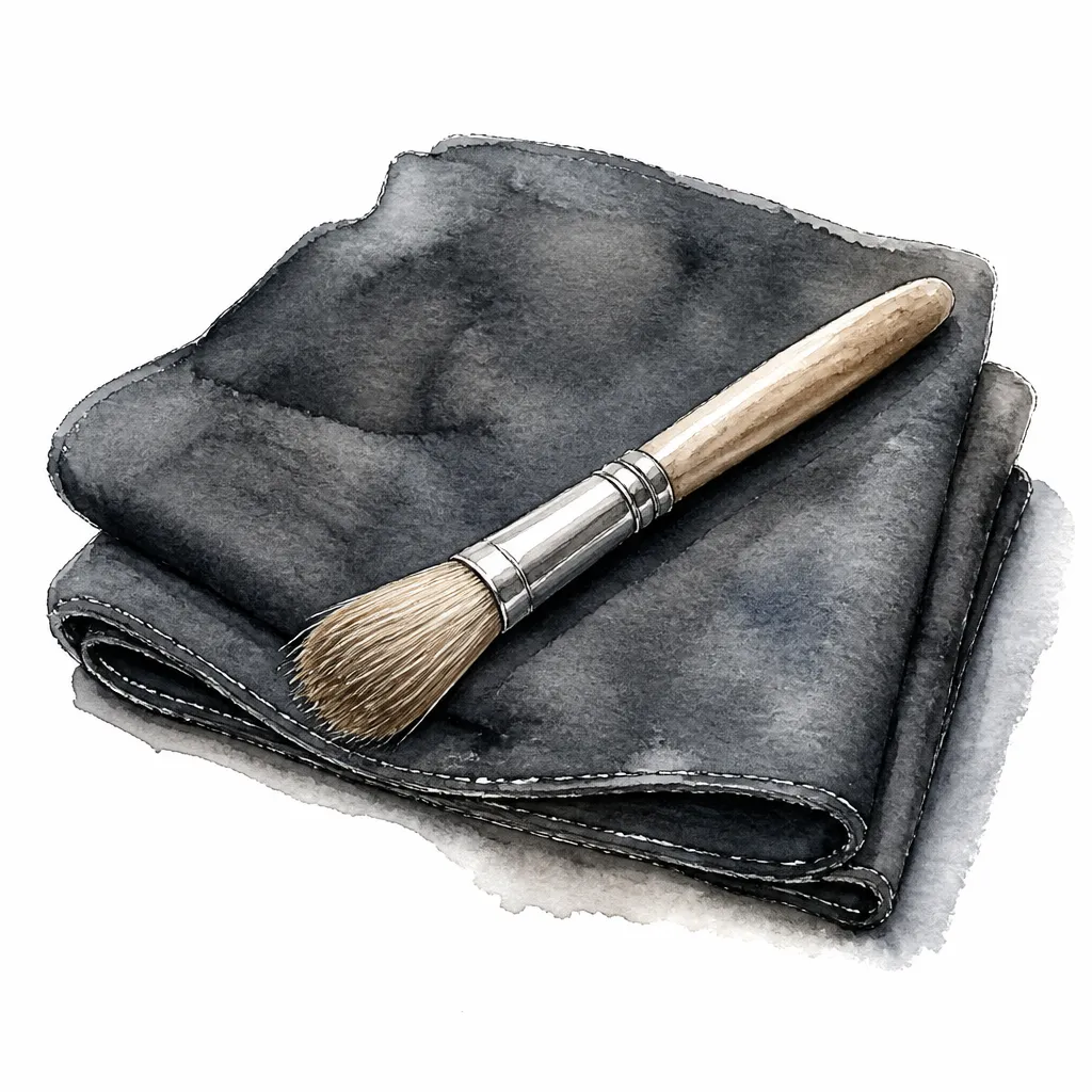 Watercolour illustration of a soft brush resting on folded dark roof fabric.