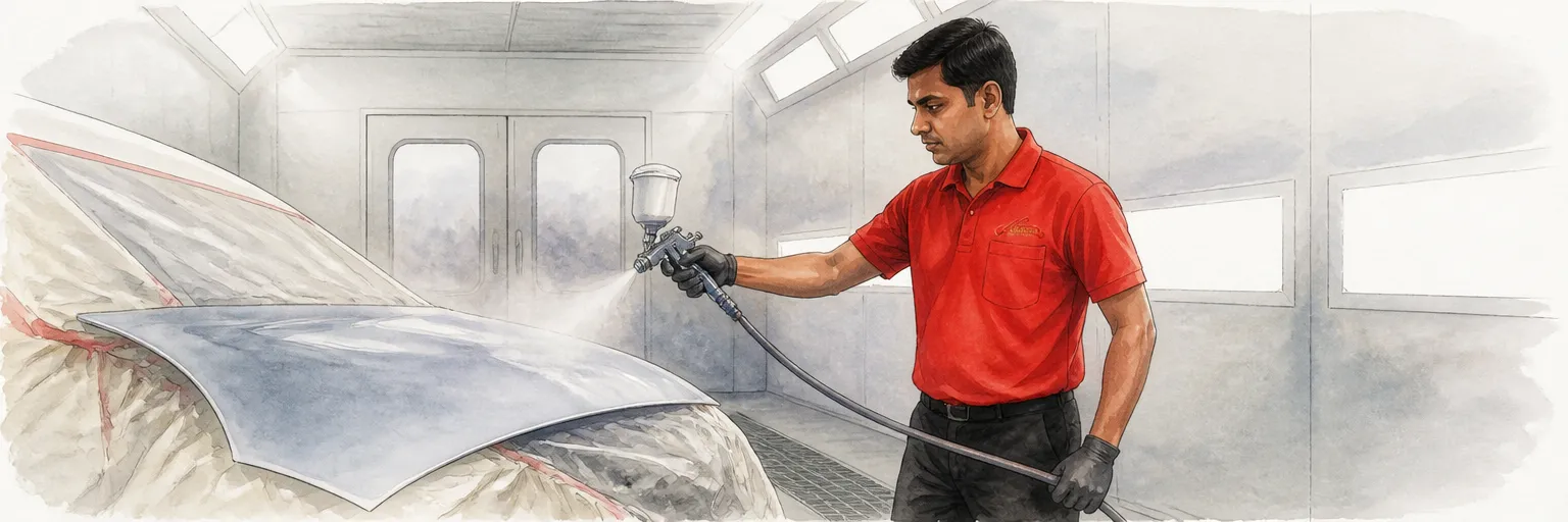 Watercolour illustration of a technician in a red polo spraying a light coat and allowing it to flash off.