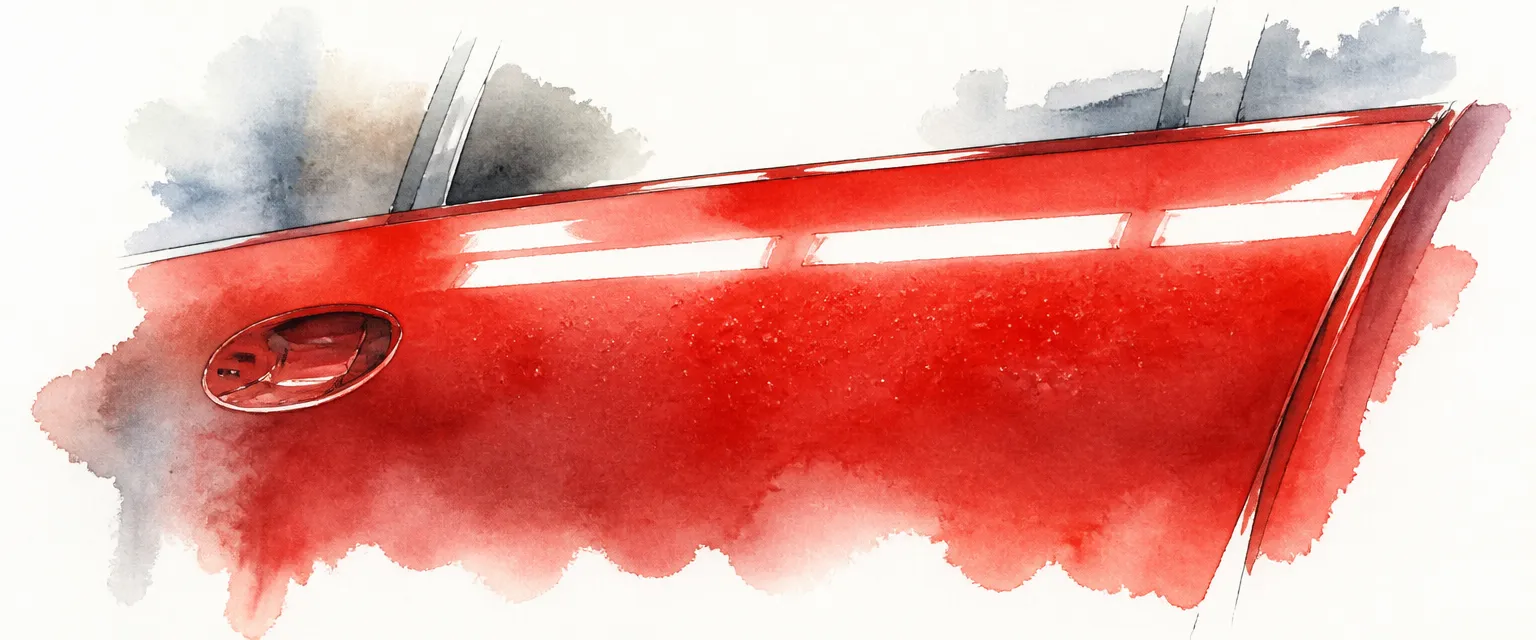 Watercolour close-up of tiny blisters and pinholes disturbing a freshly painted red door panel.