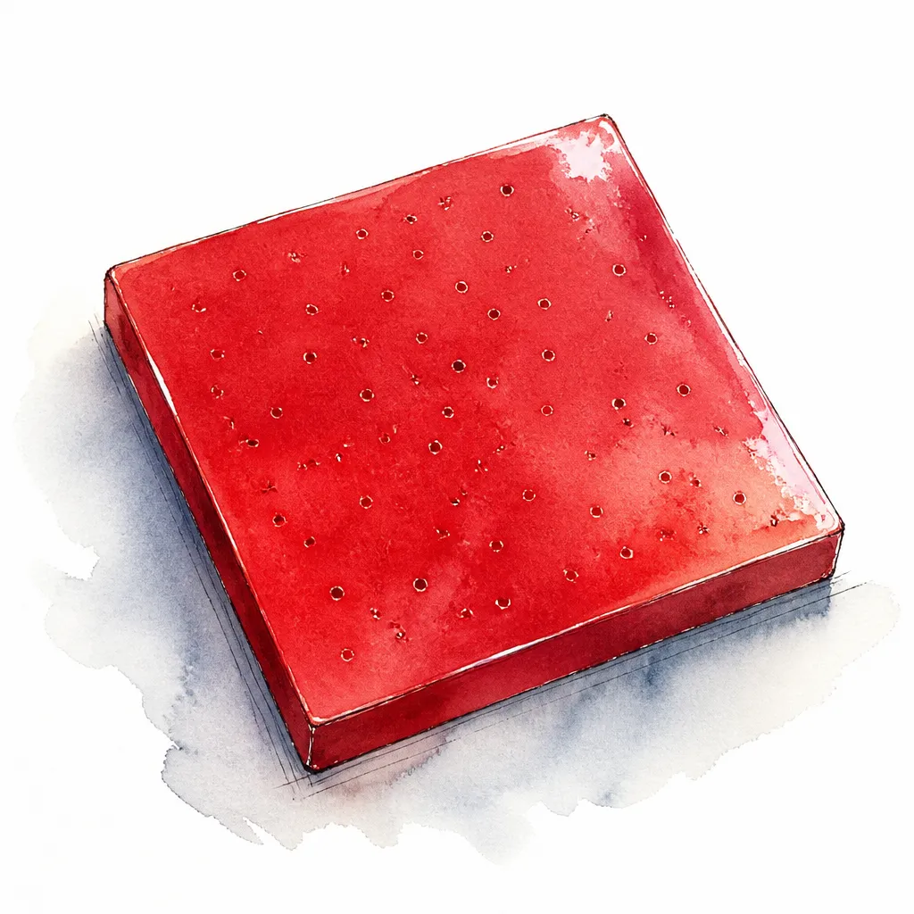 Watercolour illustration of a glossy red sample panel dotted with tiny pinholes.
