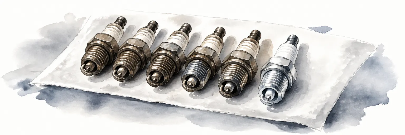 Watercolour illustration of worn sooty spark plugs laid beside one bright new plug on a cloth.