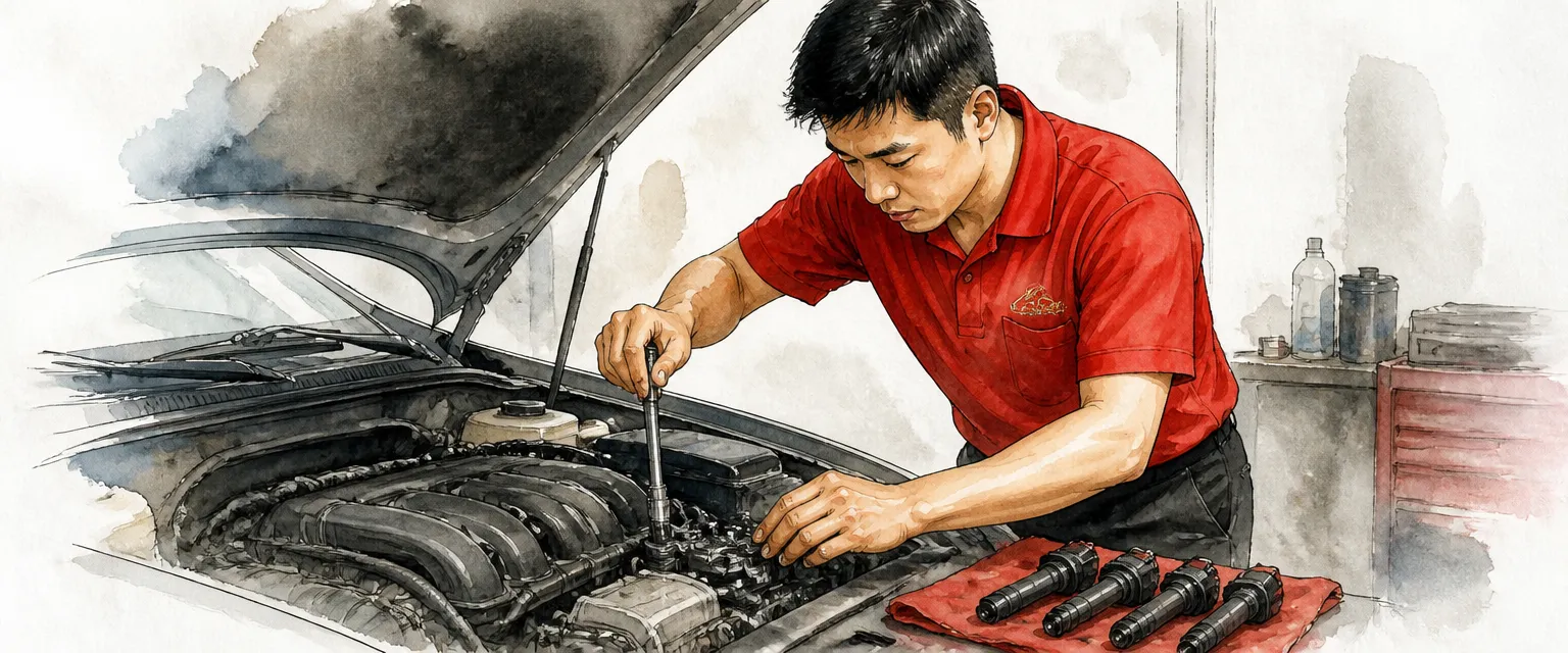 Watercolour illustration of a technician in a red polo threading a new spark plug into an engine.