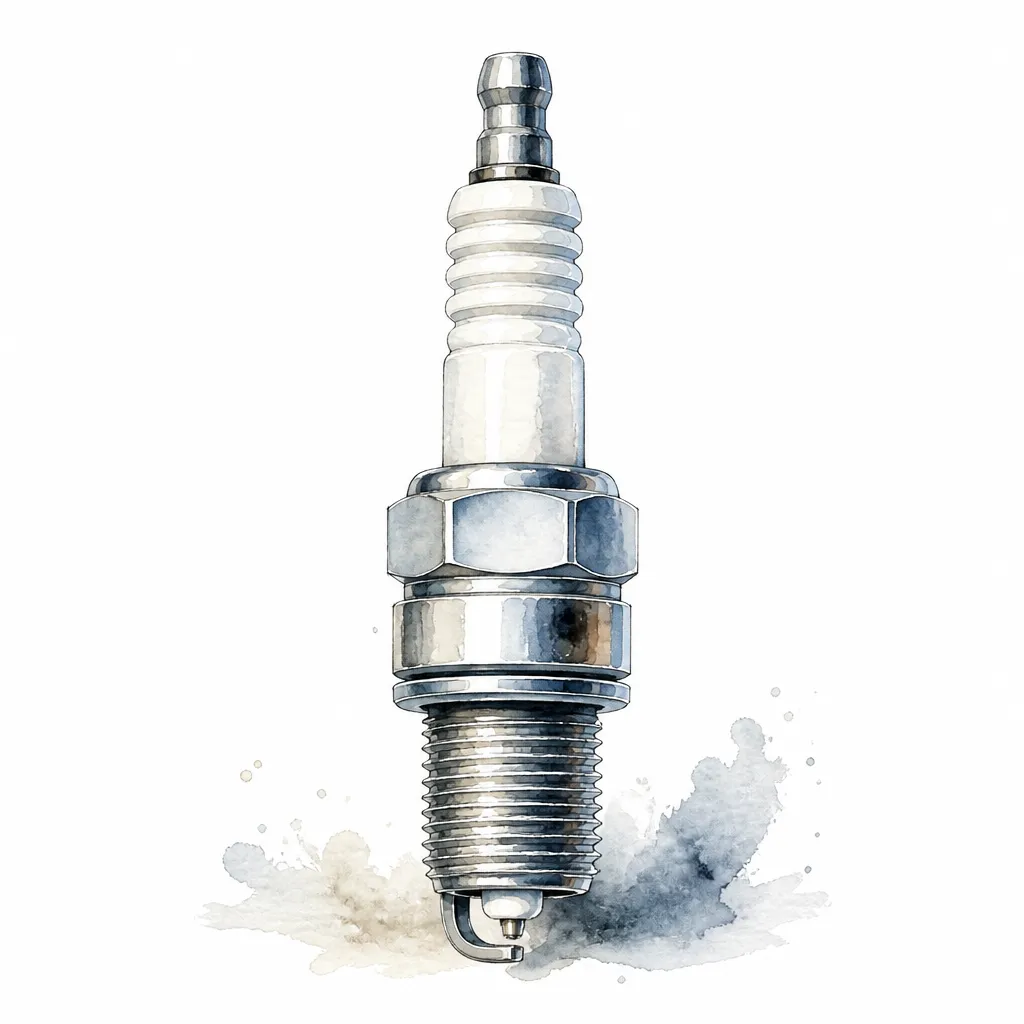 Watercolour illustration of a single iridium spark plug standing upright.