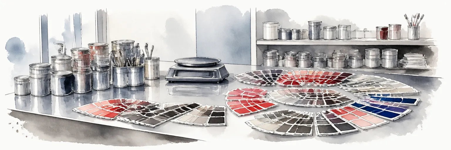 Watercolour illustration of colour chips fanned across a paint mixing bench beside sealed tins.
