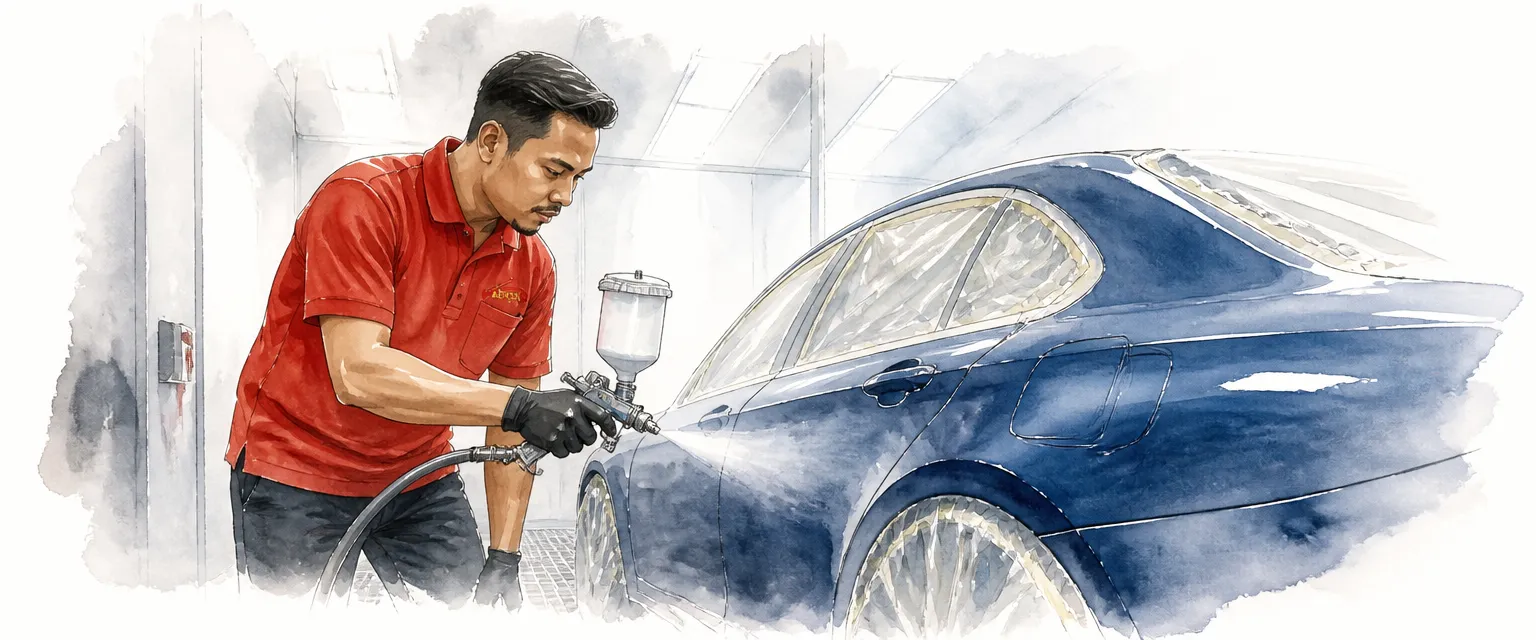 Watercolour illustration of a technician in a red polo spraying deep metallic blue paint in a booth.