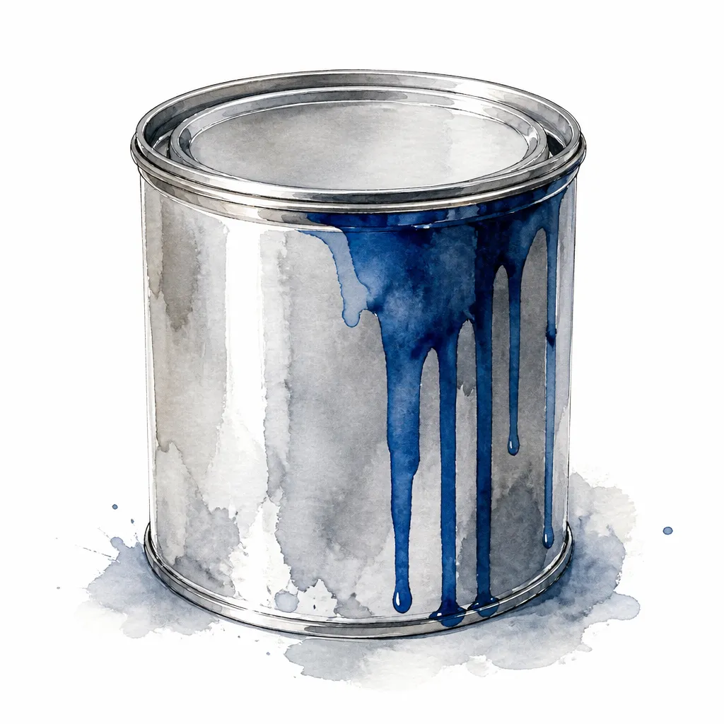 Watercolour illustration of an unlabeled paint tin with blue drips down its side.