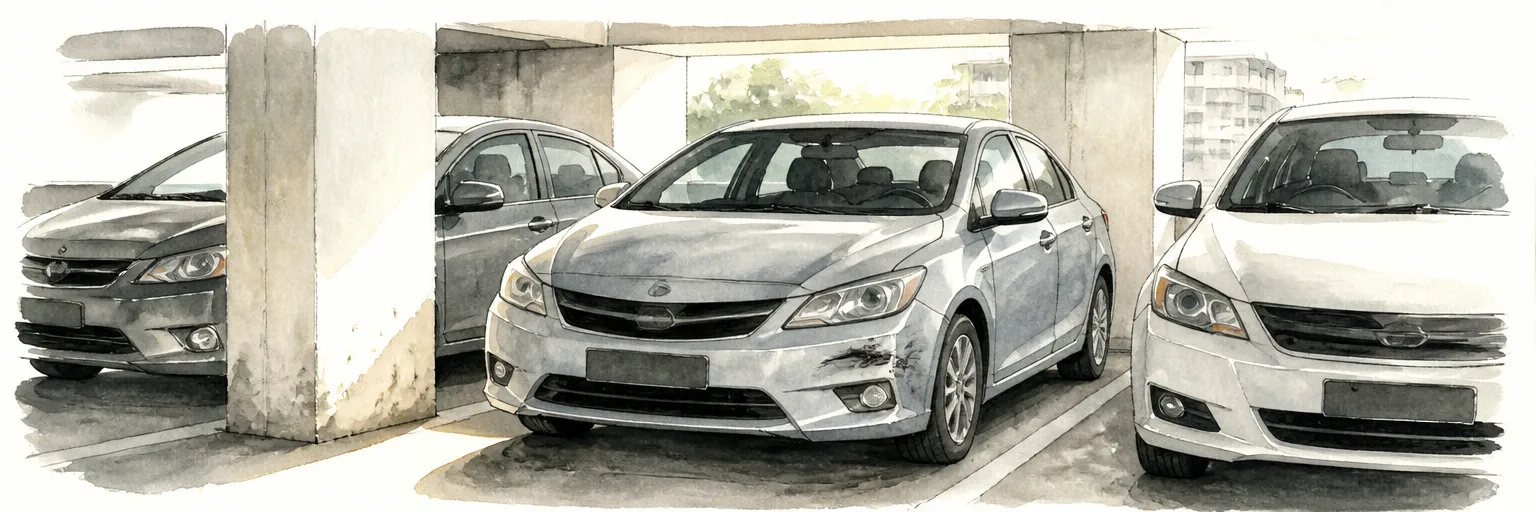 Watercolour illustration of a scuffed silver car squeezed between neighbours in a tight HDB car park.