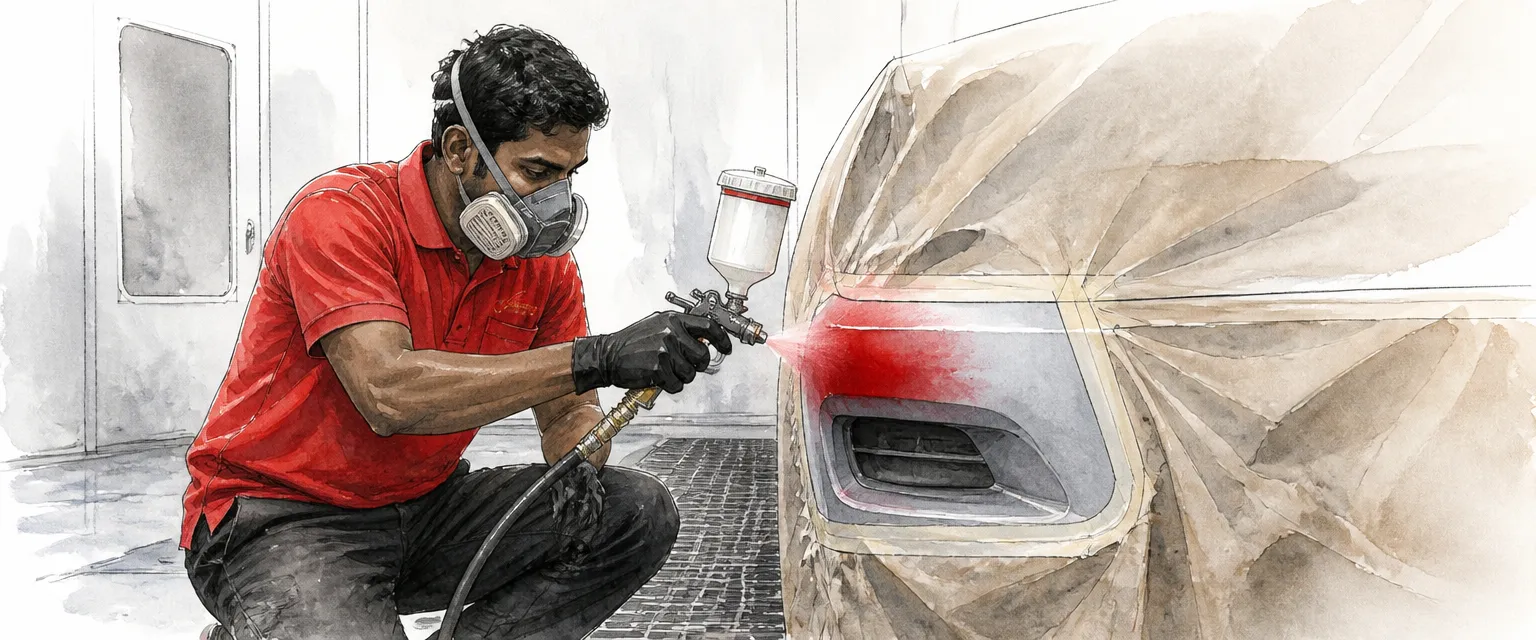 Watercolour illustration of a technician in a red polo spraying paint into a small masked zone on a bumper.