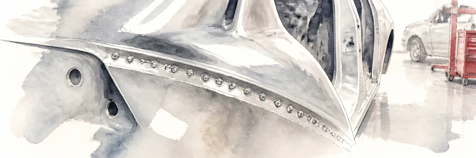 Watercolour close-up of evenly spaced weld buttons along a bare steel panel flange.