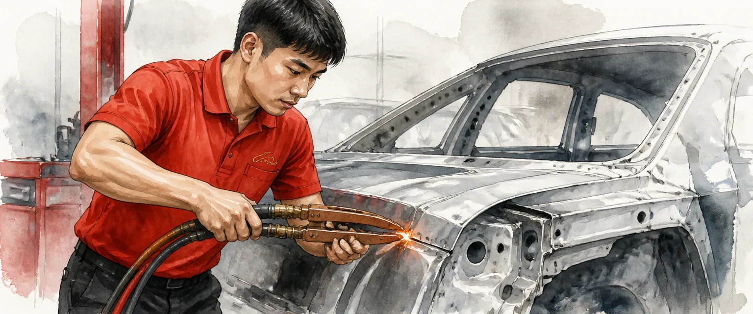 Watercolour illustration of a technician in a red polo spot welding a panel flange with glowing tongs.