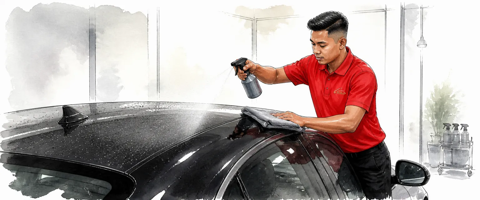 Watercolour illustration of a technician in a red polo misting spray sealant onto the roof of a black car.