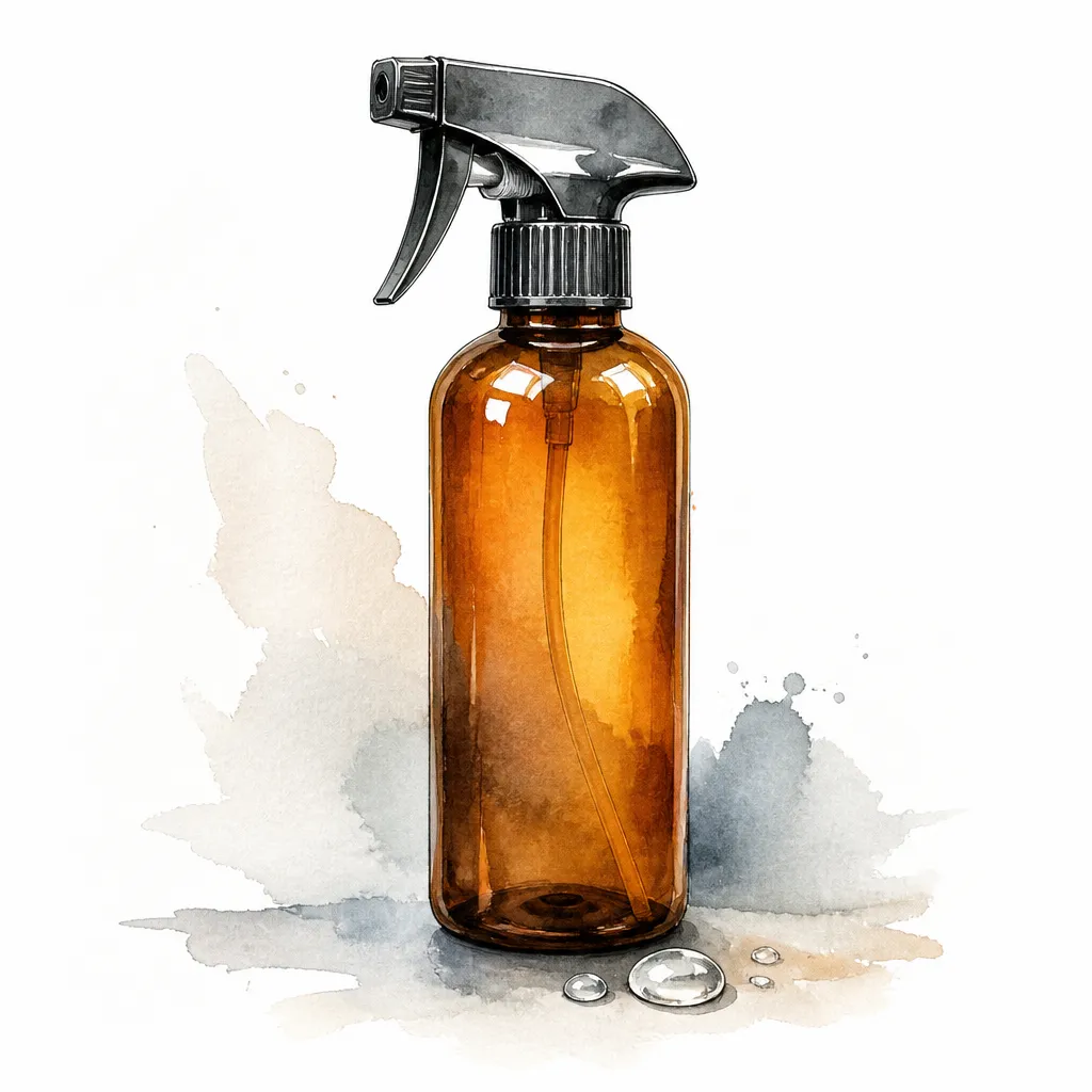 Watercolour illustration of an amber spray sealant bottle with droplets beaded at its base.