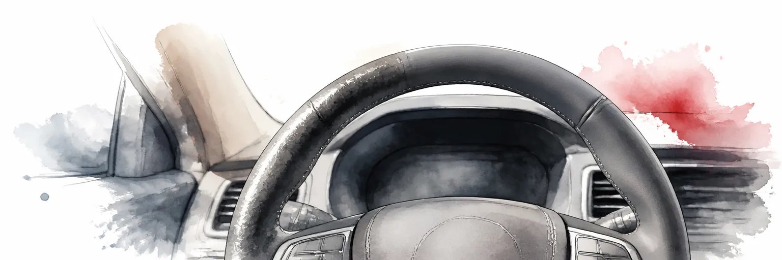 Watercolour close-up of a leather steering wheel with worn shiny grip points beside a conditioned matte side.