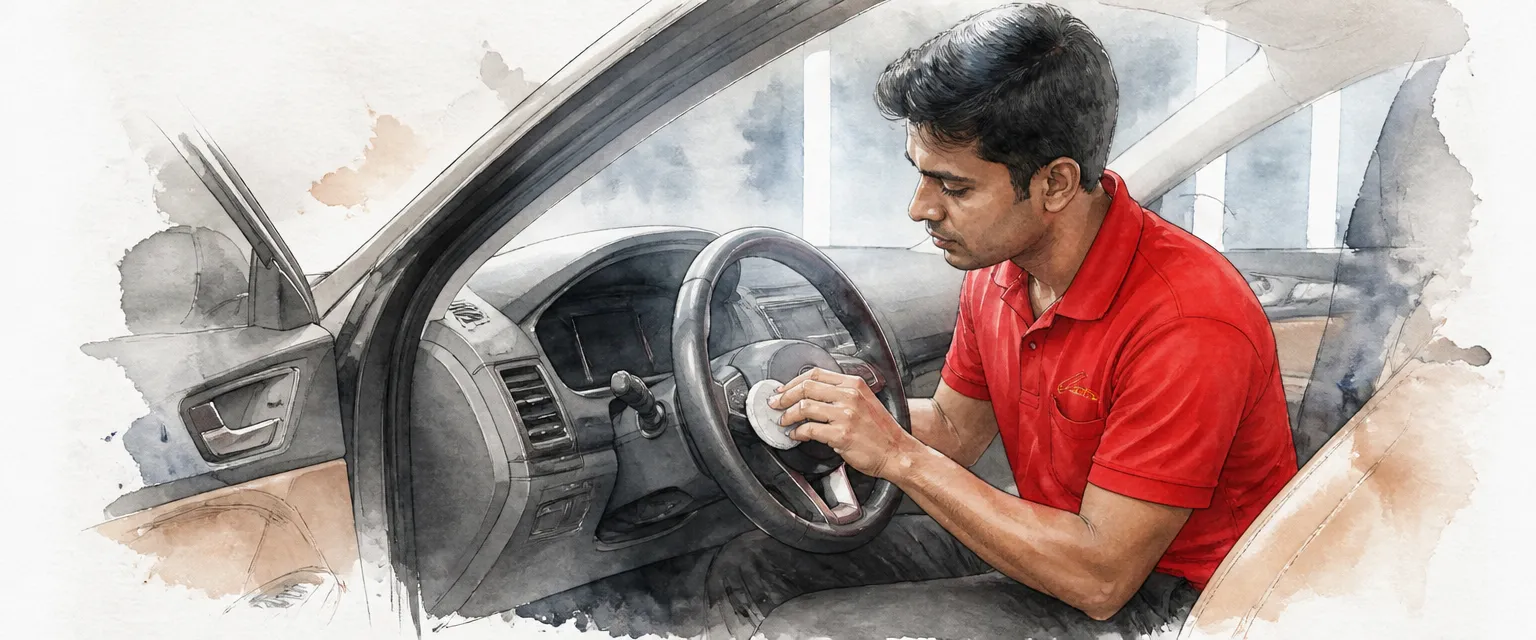 Watercolour illustration of a technician in a red polo conditioning a leather steering wheel with a pad.