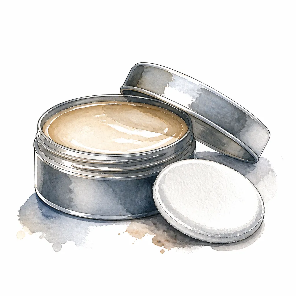 Watercolour illustration of a tin of leather conditioner with a white applicator pad.