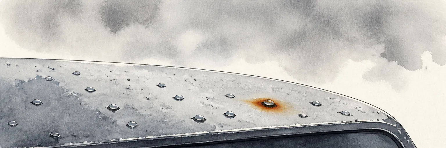 Watercolour close-up of paint chips holding water beads on a bonnet edge with one pit ringed by rust.