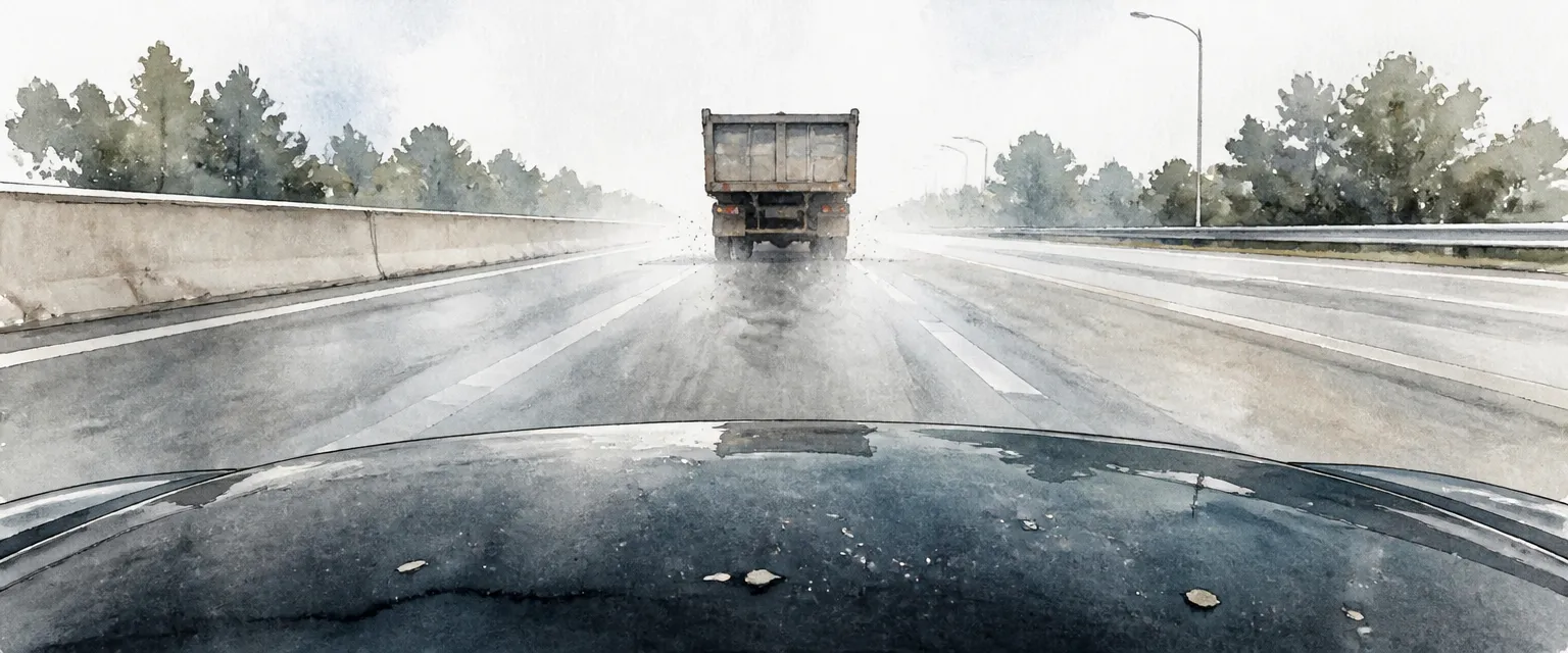 Watercolour illustration of stone chips scattered across a dark bonnet behind a blurred lorry on an expressway.