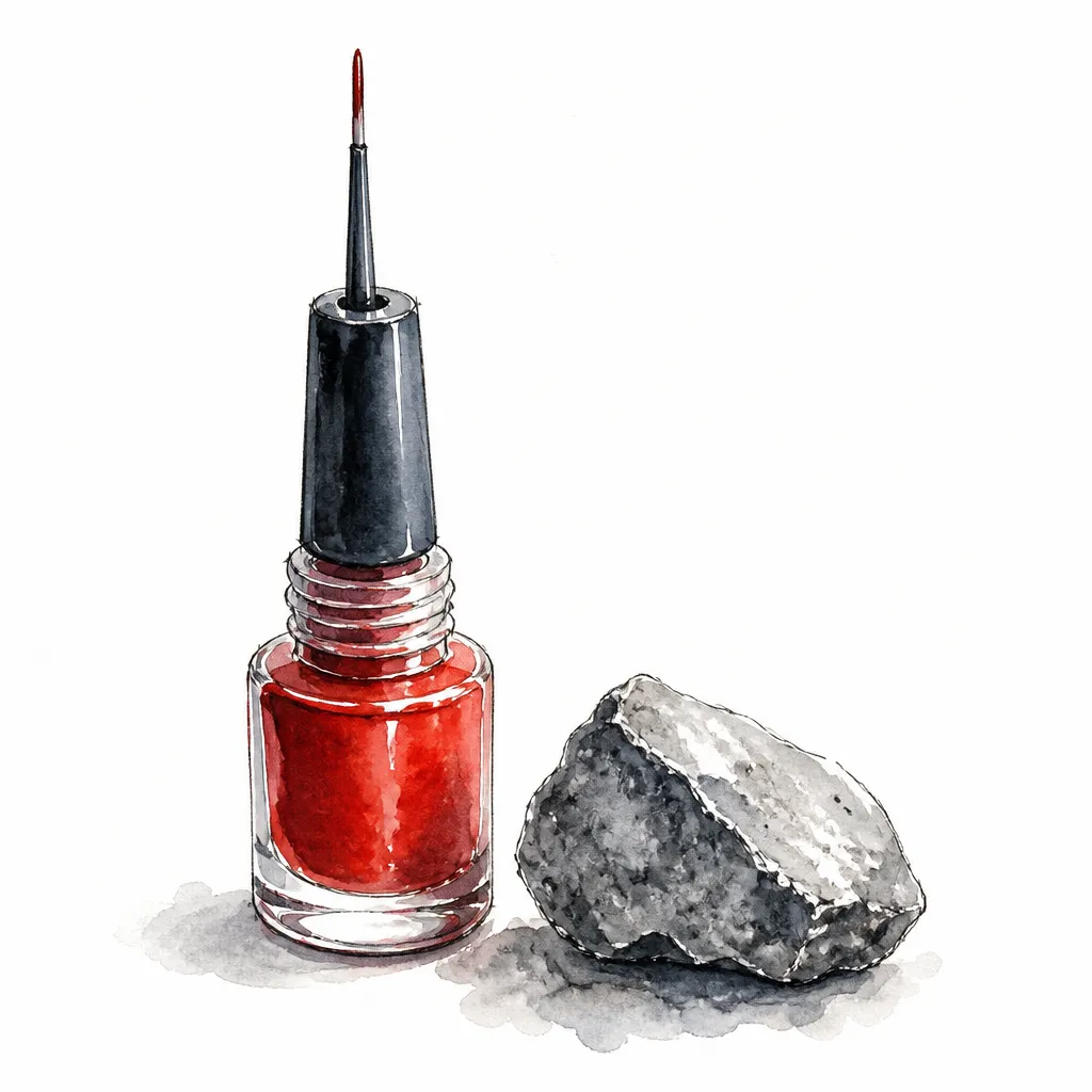 Watercolour illustration of a touch up paint bottle beside a single gravel stone.
