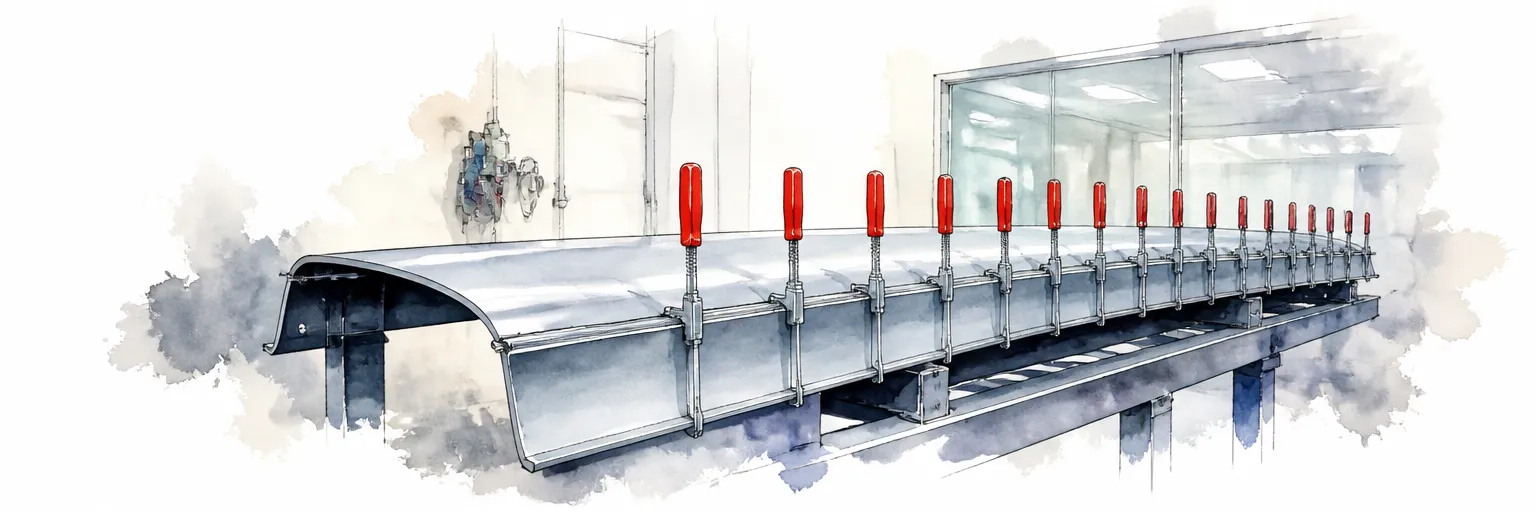 Watercolour illustration of an aluminium panel clamped along its length while the adhesive bond cures.