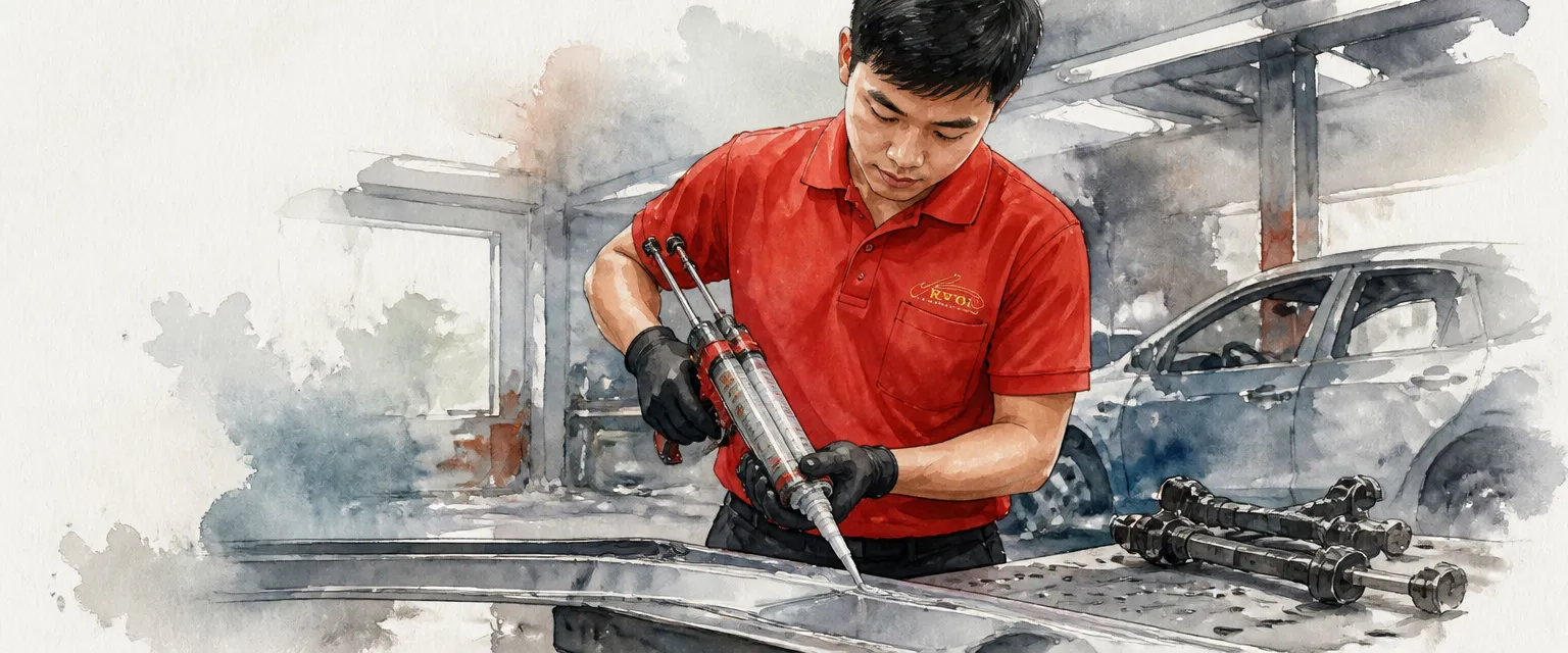 Watercolour illustration of a technician in a red polo laying a bead of structural adhesive along a panel flange.