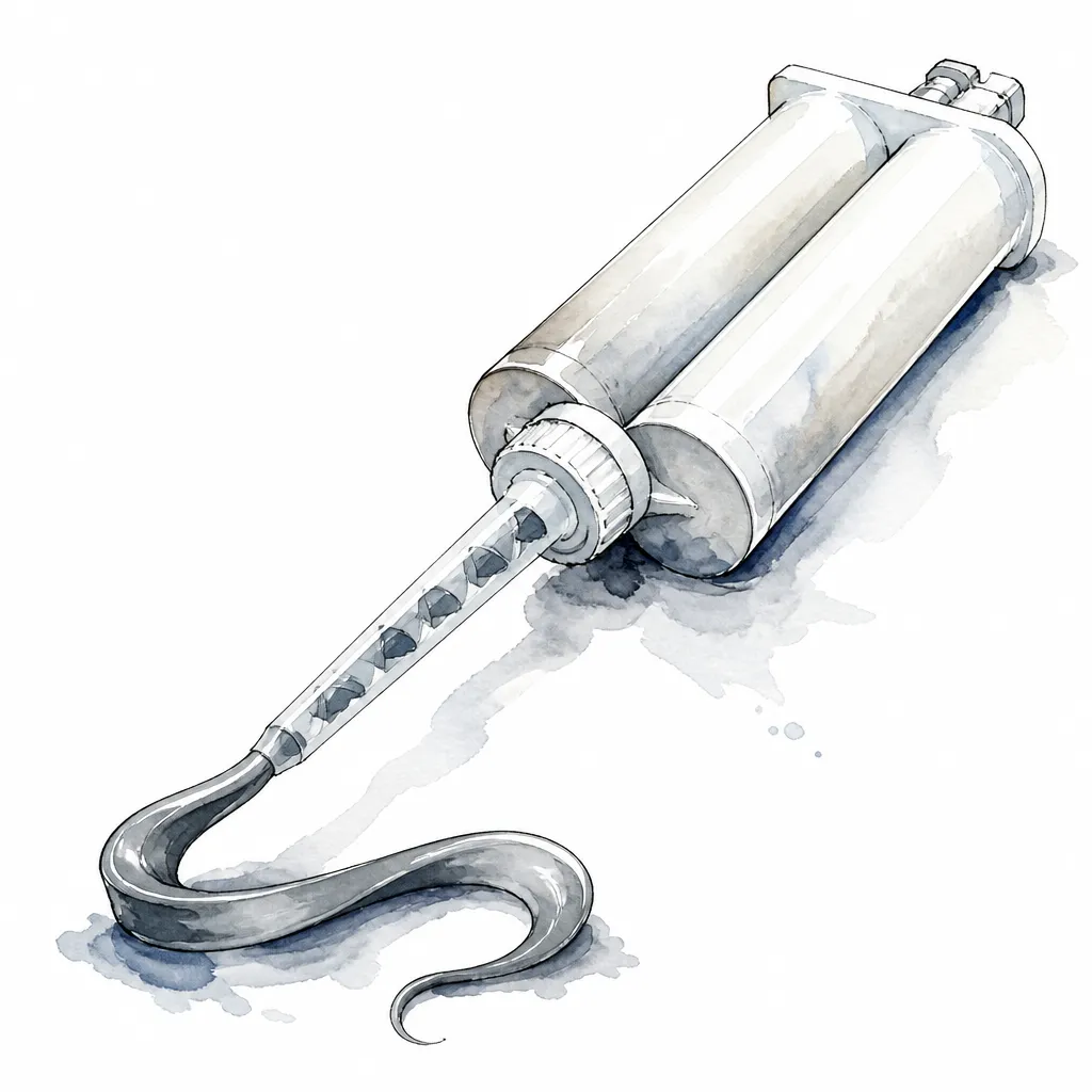 Watercolour illustration of a twin tube adhesive cartridge with grey adhesive curling from its nozzle.