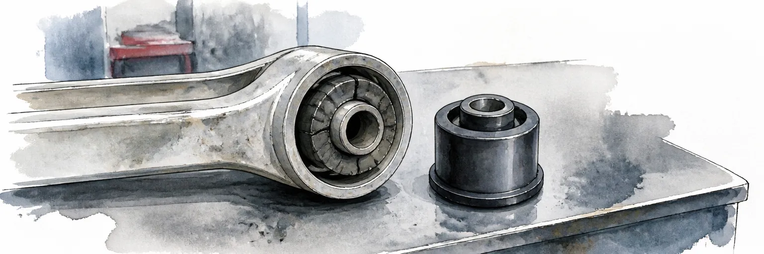 Watercolour illustration of a control arm with a cracked old bushing beside a fresh replacement.