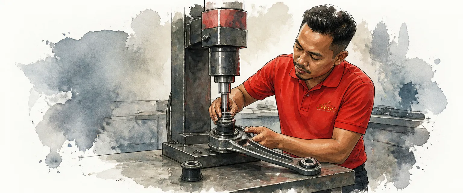 Watercolour illustration of a technician in a red polo pressing a new bushing into a control arm.