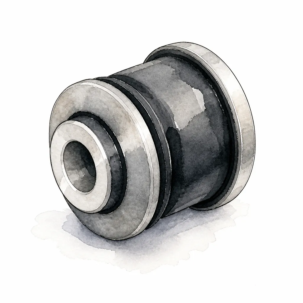 Watercolour illustration of a rubber suspension bushing bonded between steel collars.