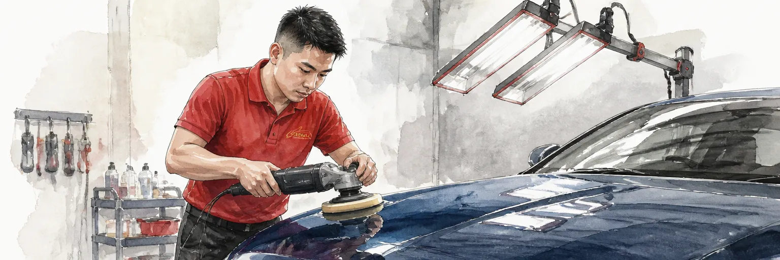 Watercolour illustration of a technician machine polishing a car bonnet under inspection lamps to remove swirl marks.