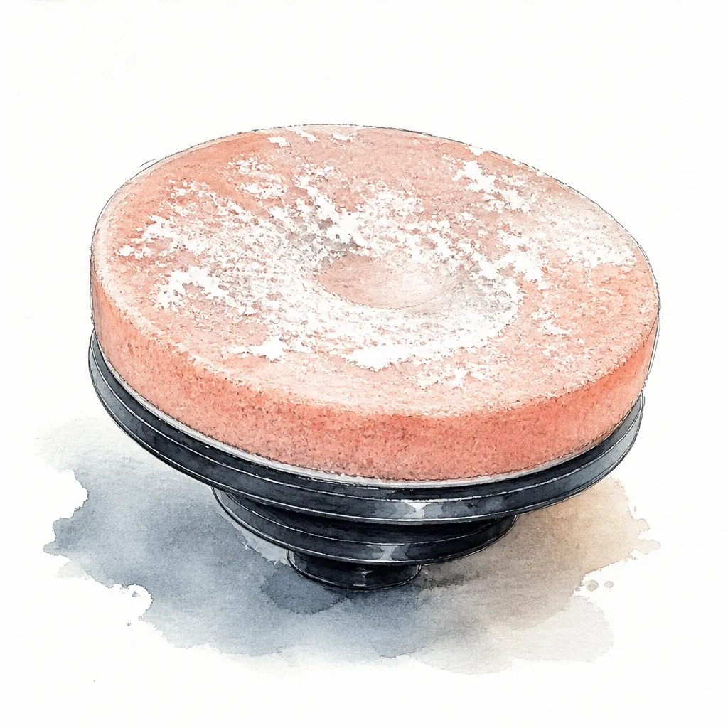Watercolour close-up of a foam polishing pad dusted with spent compound.