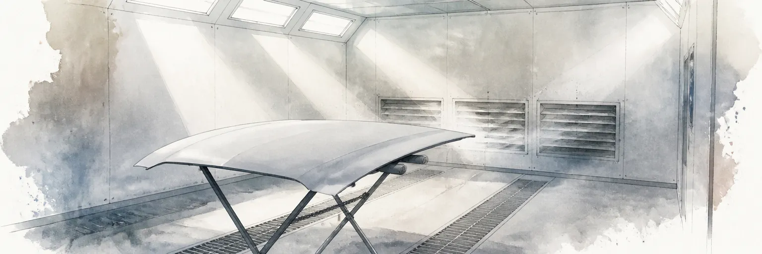 Watercolour illustration of a primed car bonnet inside a spray booth with dust motes drifting toward the extraction vents.
