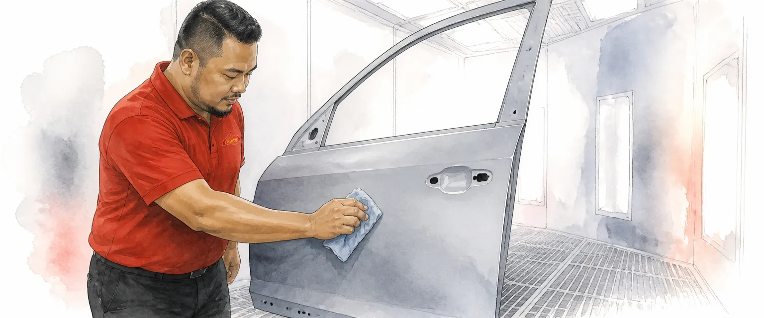 Watercolour illustration of a technician wiping a primed car panel with a tack cloth inside a spray booth.