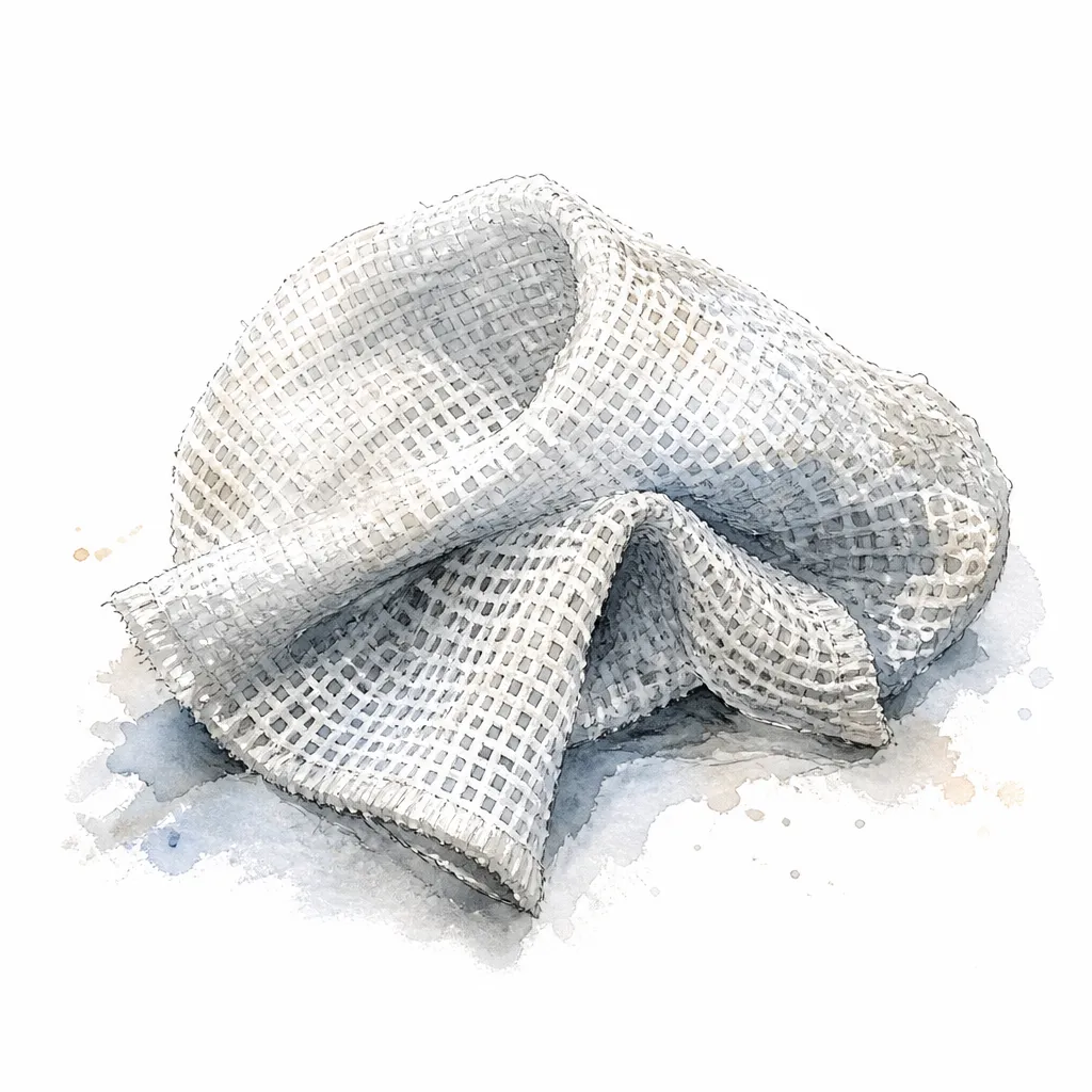 Watercolour close-up of a folded tack cloth showing its open weave texture.