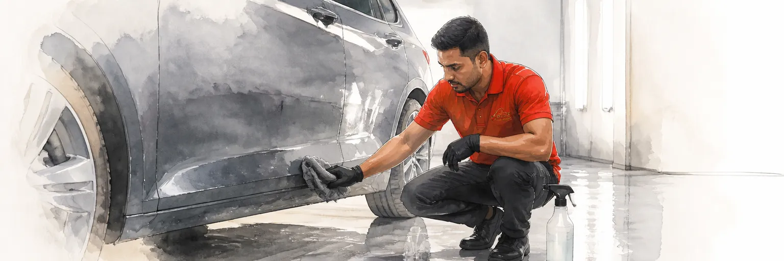 Watercolour illustration of a technician wiping softened tar from a car's lower panel with a microfibre cloth.