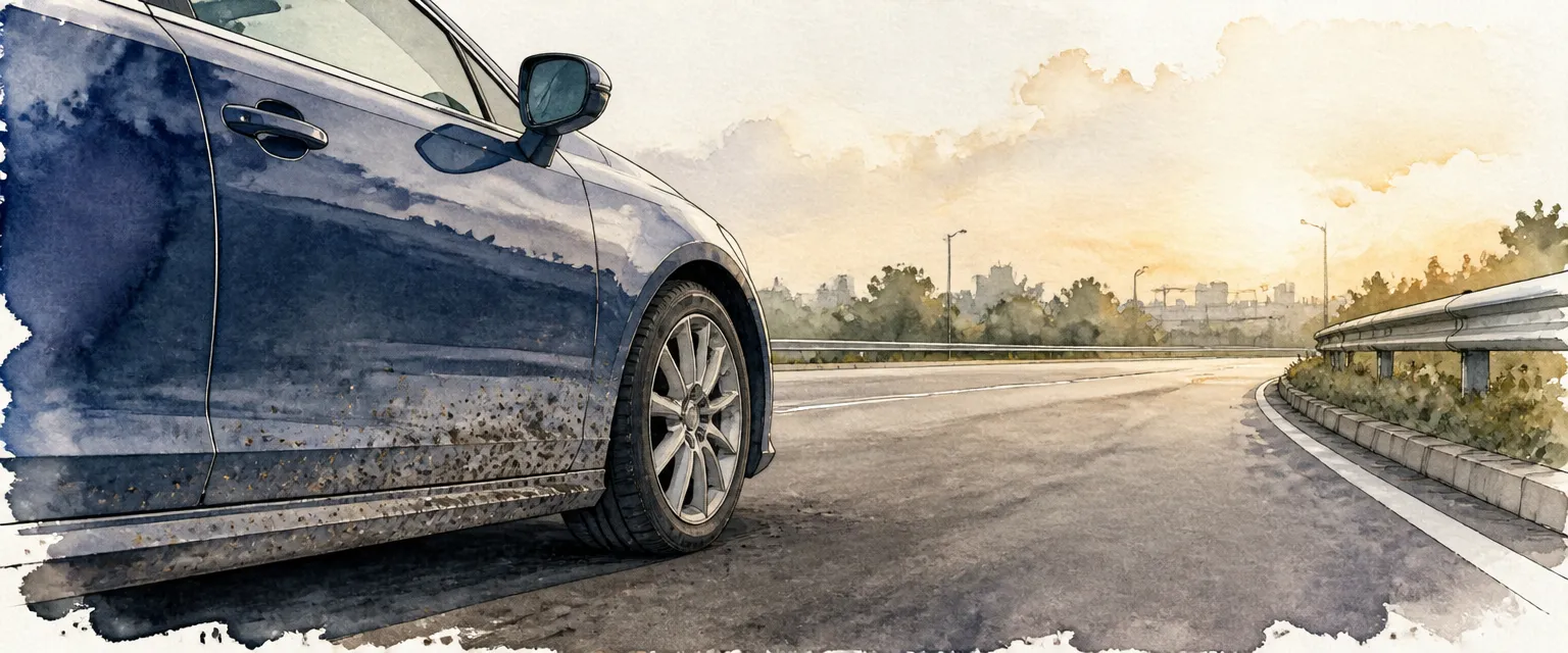 Watercolour illustration of tar specks along the lower panels of a dark saloon parked beside a resurfaced Singapore road.